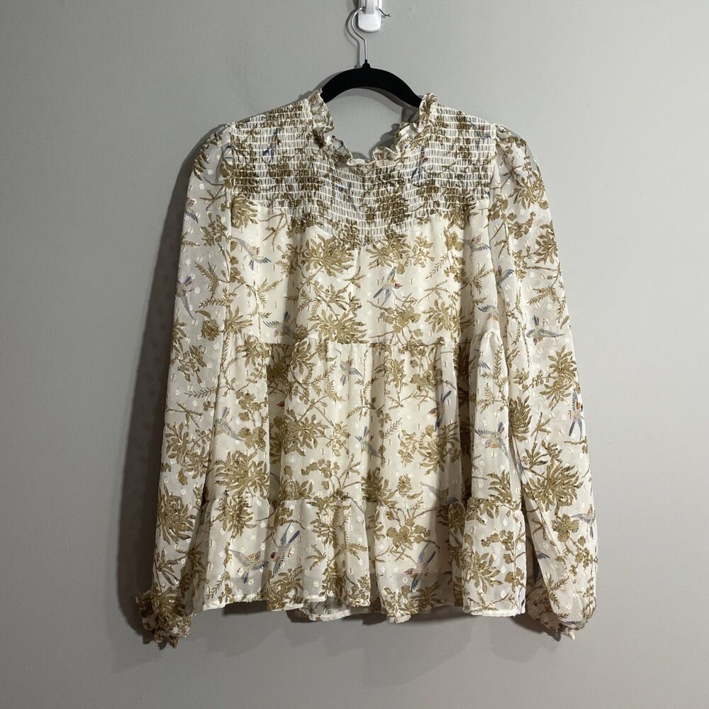 Greige Women’s Whimsical Romantic Floral Bird Pattern Lined Fairycore Blouse L